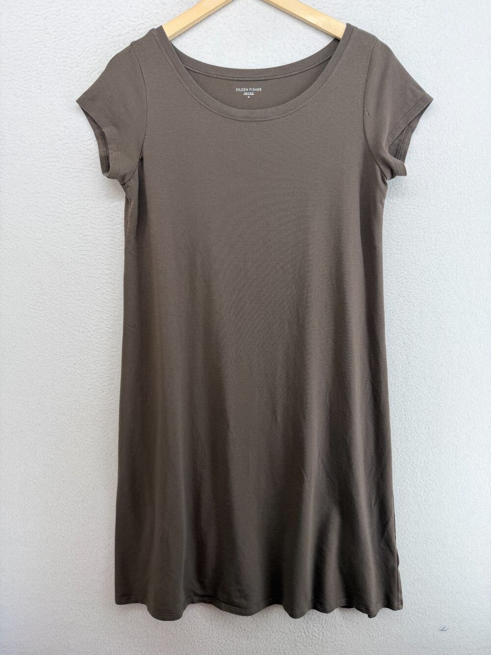 EILEEN FISHER Dress M Organic Cotton Stretch Jersey T-Shirt Cap Sleeve Brown USA